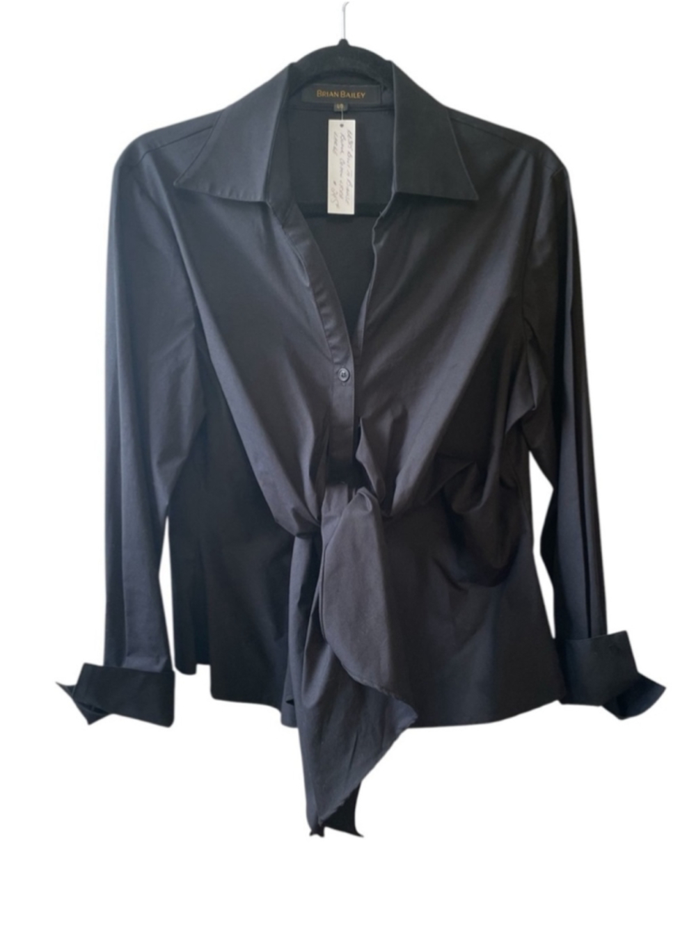 BRIAN BAILEY Cotton Draped Long-Sleeve Tie-Front Button Front Blouse Black L